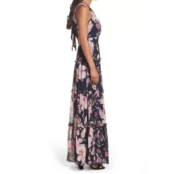 Eliza J Floral‎ Halter Ruffle Maxi Dress Navy Pink Flower Dress 2 - Picture 2 of 9